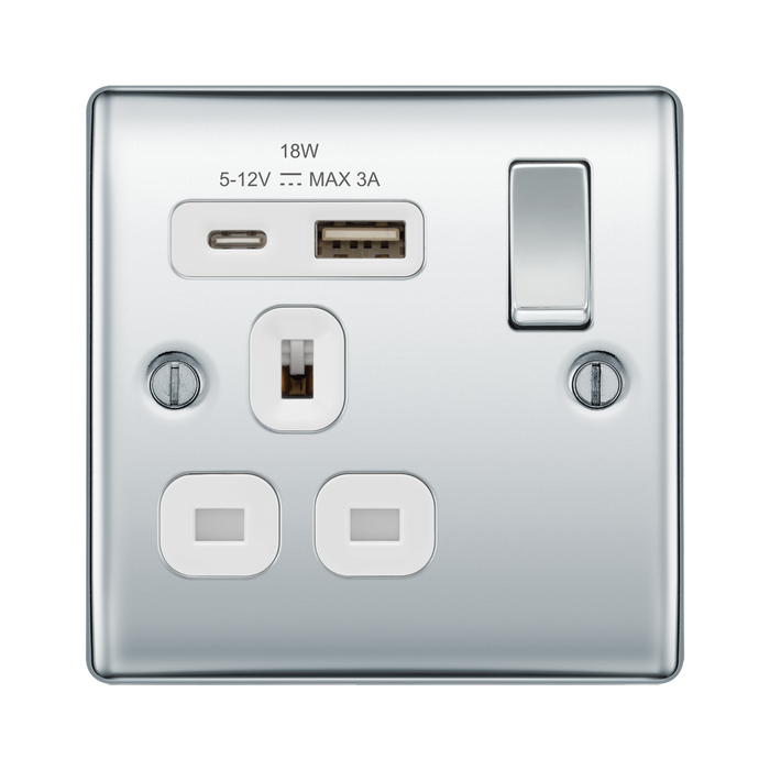 BG Nexus Metal Polished Chrome 13A Single A+C USB Socket NPC21UAC18W
