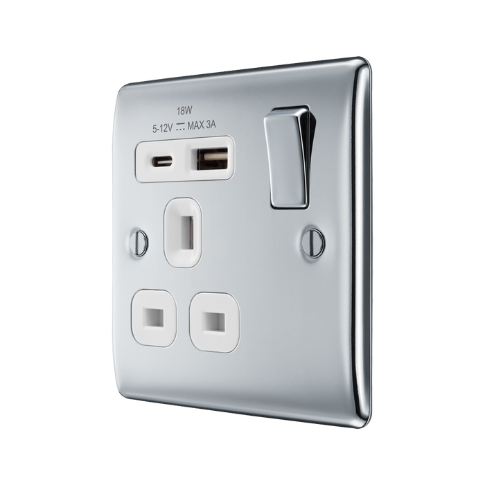 BG Nexus Metal Polished Chrome 13A Single A+C USB Socket NPC21UAC18W