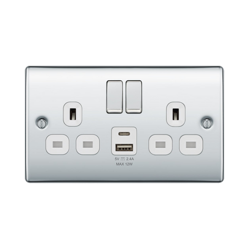 BG Nexus Metal Polished Chrome 13A Double USB Socket with 12W A+C Ports NPC22UAC12W Available from RS Electrical Supplies