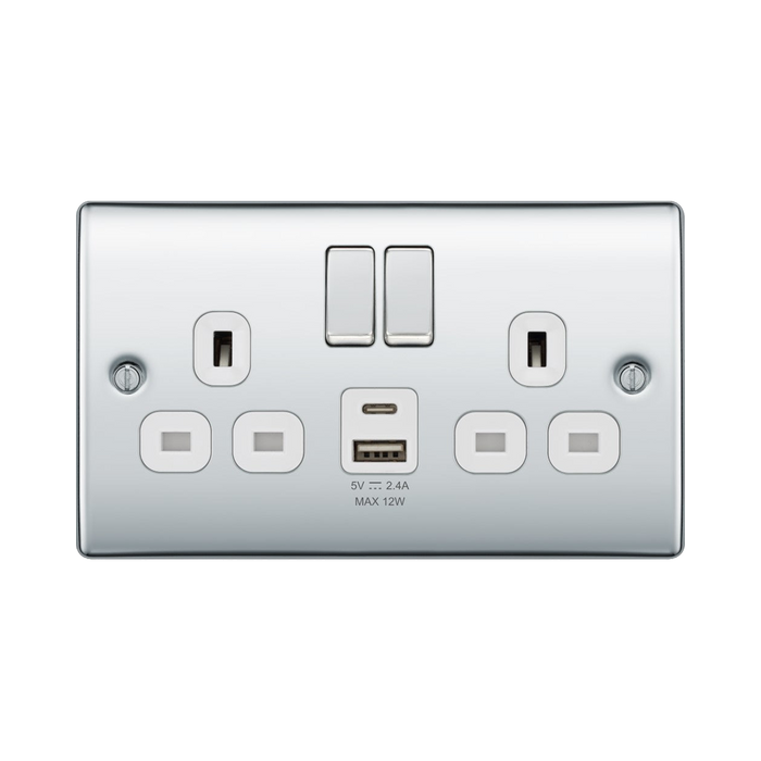 BG Nexus Metal Polished Chrome 13A Double USB Socket with 12W A+C Ports NPC22UAC12W Available from RS Electrical Supplies