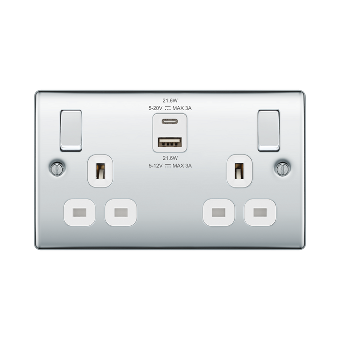 BG Nexus Metal Polished Chrome 13A Double USB Socket with 22W A+C Ports NPC22UAC22W