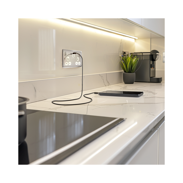 BG Nexus Metal Polished Chrome 13A Double USB Socket with 22W A+C Ports NPC22UAC22W
