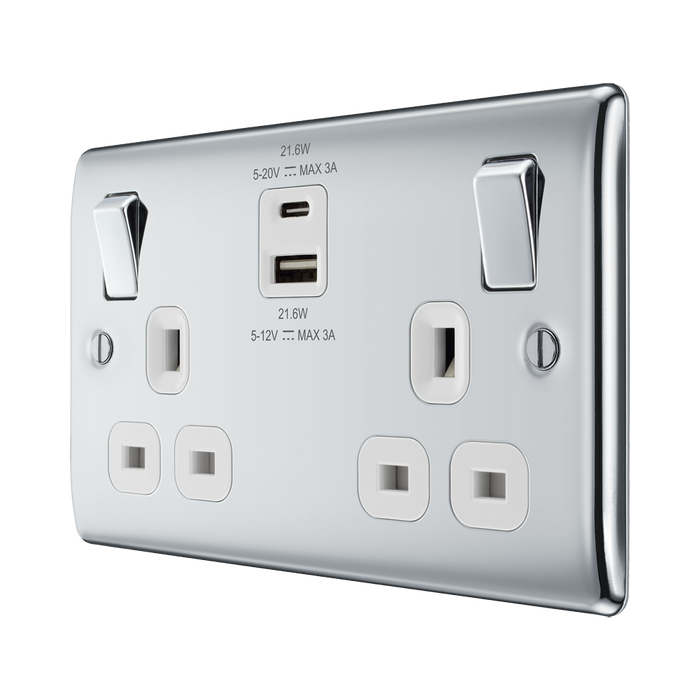 BG Nexus Metal Polished Chrome 13A Double USB Socket with 22W A+C Ports NPC22UAC22W