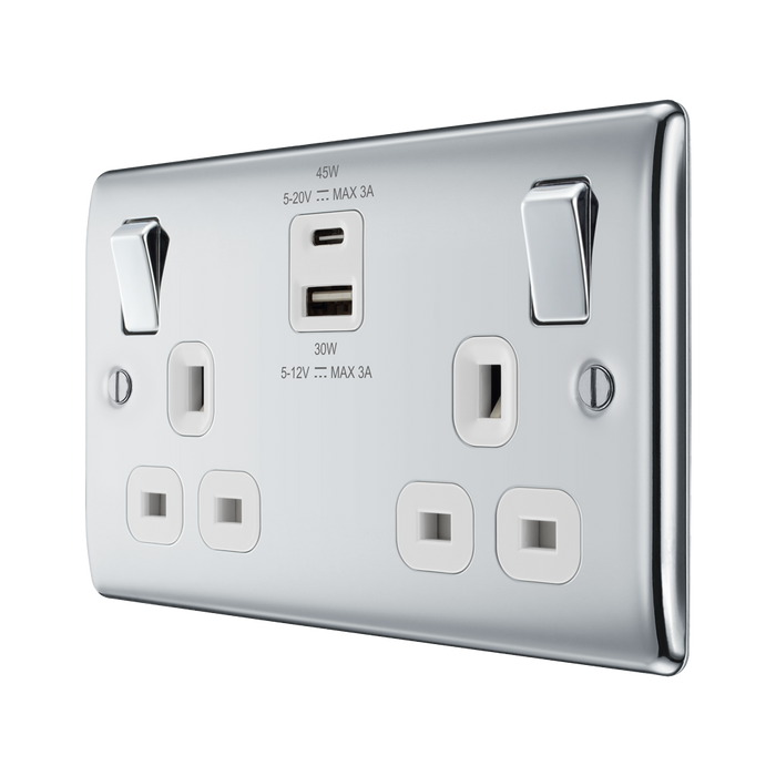 BG Nexus Metal Polished Chrome 13A Double USB Socket with 45W A+C Ports NPC22UAC45W