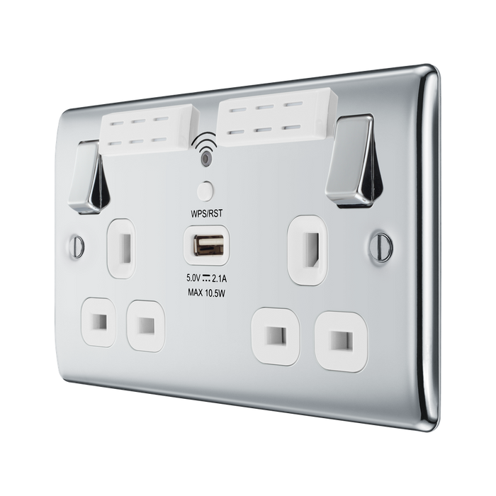 BG Nexus Metal Polished Chrome Wi-Fi Extender USB Socket NPC22UWRW – angled front view