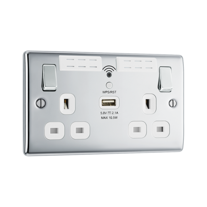 BG Nexus Metal Polished Chrome Wi-Fi Extender USB Socket NPC22UWRW – angled front view