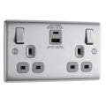 Metallic electrical socket with USB ports and switch on a white background