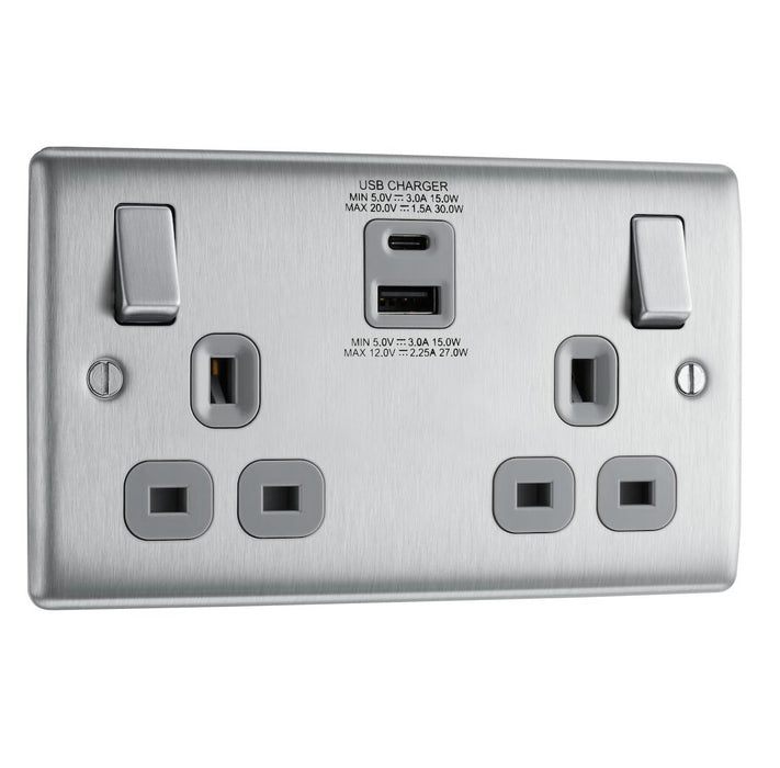 BG Nexus Metal Brushed Steel 13A Double USB Socket with 30W A+C Ports NBS22UAC30G