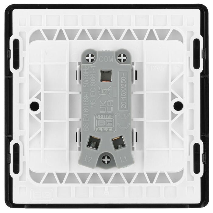 BG Evolve Polycarbonate Black Chrome 1G Light Switch PCDBC12B Available From RS Electrical back side