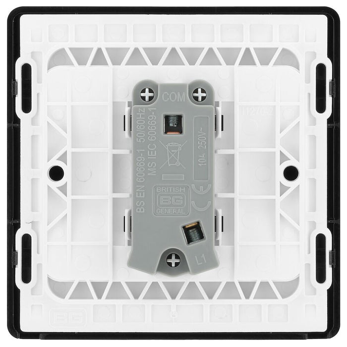 BG Evolve Polycarbonate Black Chrome Retractive Switch Marked Press PCDBC14B Available From RS Electrical back side