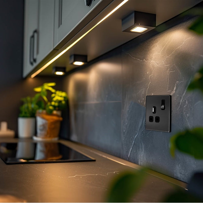 BG Evolve Polycarbonate Black Chrome Single Socket PCDBC21B Available From RS Electrical kitchen interior