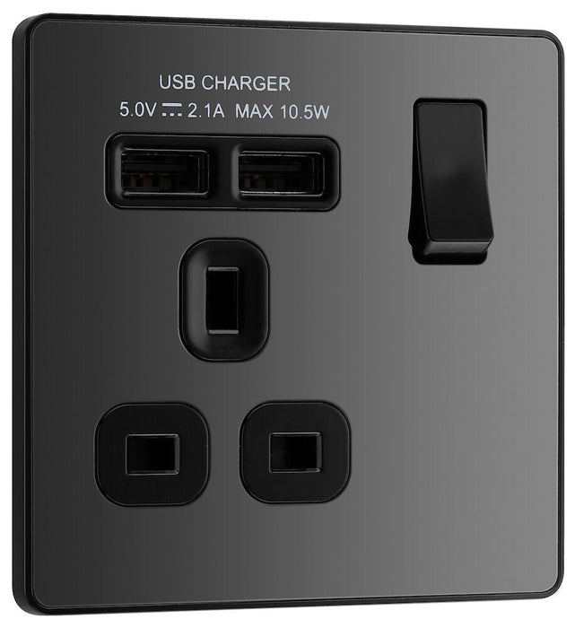 BG Evolve Polycarbonate Black Chrome Single USB Socket PCDBC21U2B Available From RS Electrical left side