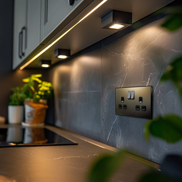 BG Evolve Polycarbonate Black Chrome Double Socket PCDBC22B Available From RS Electrical kitchen interior