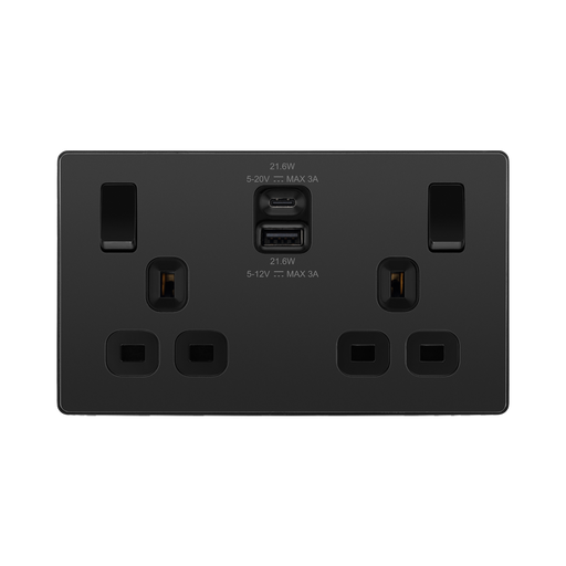 BG Evolve Black Chrome 13A Double USB Socket with 22W A+C Ports PCDBC22UAC22B