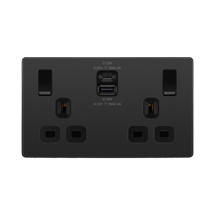 BG Evolve Black Chrome 13A Double USB Socket with 22W A+C Ports PCDBC22UAC22B