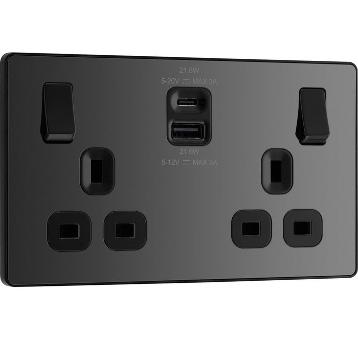 BG Evolve Black Chrome 13A Double USB Socket with 22W A+C Ports PCDBC22UAC22B left side
