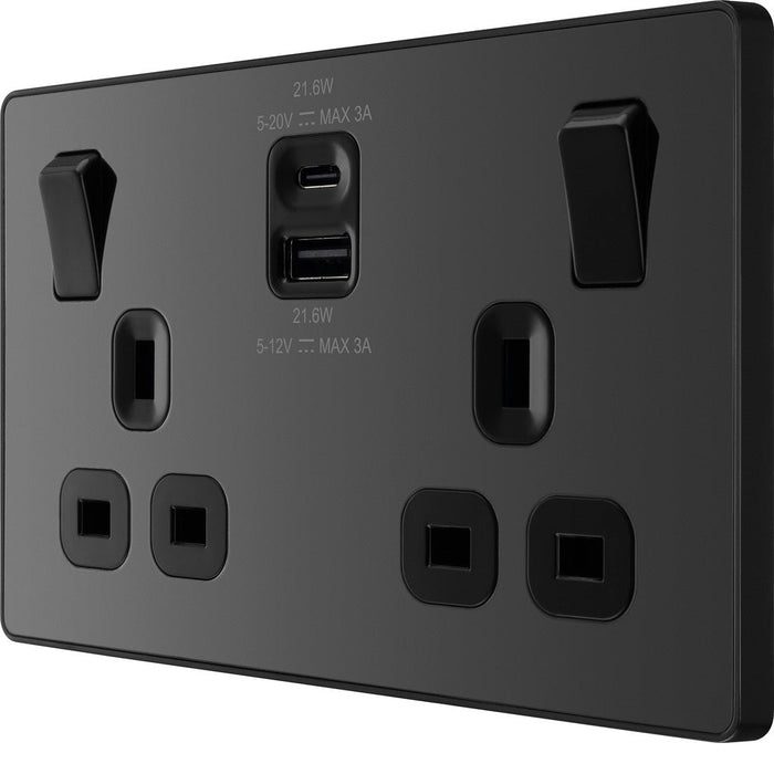 BG Evolve Black Chrome 13A Double USB Socket with 22W A+C Ports PCDBC22UAC22B right side