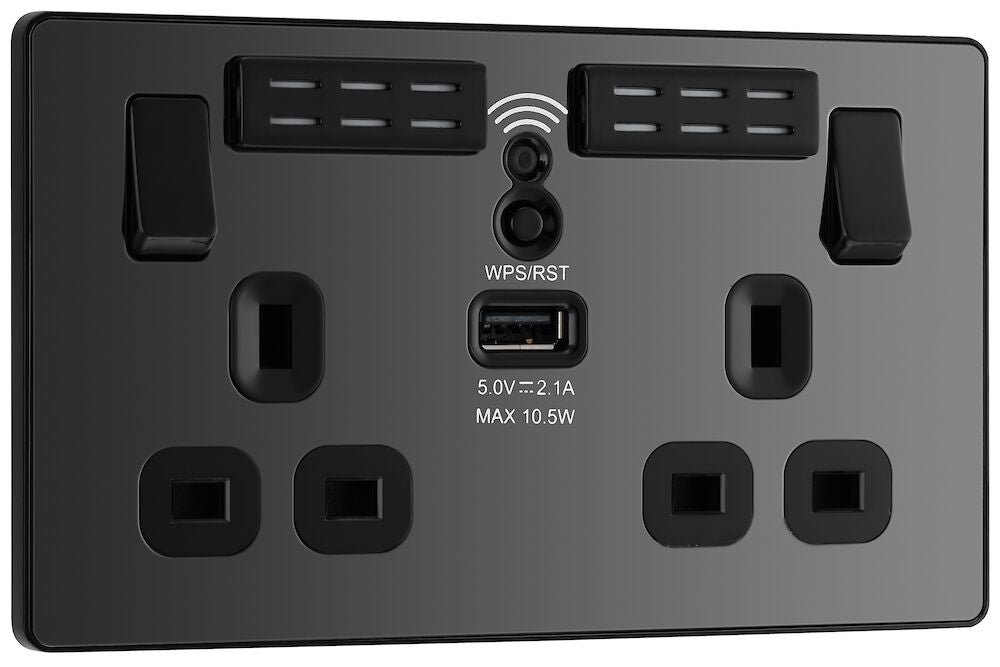BG Evolve Polycarbonate Black Chrome Double USB Socket with WiFi Extender PCDBC22UWRB Available From RS Electrical left side