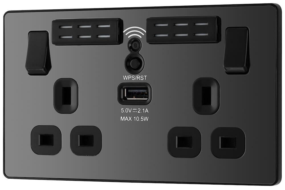 BG Evolve Polycarbonate Black Chrome Double USB Socket with WiFi Extender PCDBC22UWRB Available From RS Electrical right side