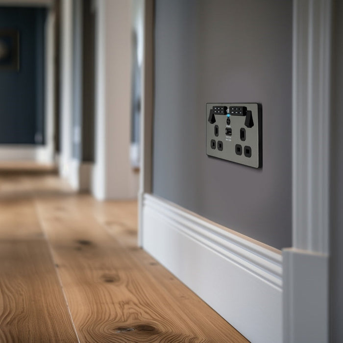 BG Evolve Polycarbonate Black Chrome Double USB Socket with WiFi Extender PCDBC22UWRB Available From RS Electrical interior