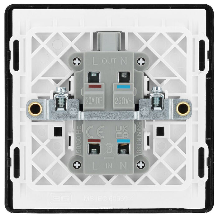 BG Evolve Polycarbonate Black Chrome 20A Double Pole Switch with Neon PCDBC31B Available From RS Electrical back side