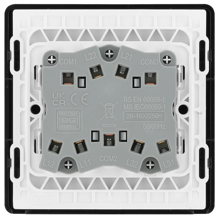 BG Evolve Polycarbonate Black Chrome 3G Light Switch PCDBC43B Available From RS Electrical back side