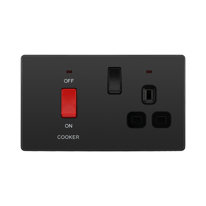 BG Evolve Black Chrome 45A Cooker Switch with double pole switch and LED PCDBC70B