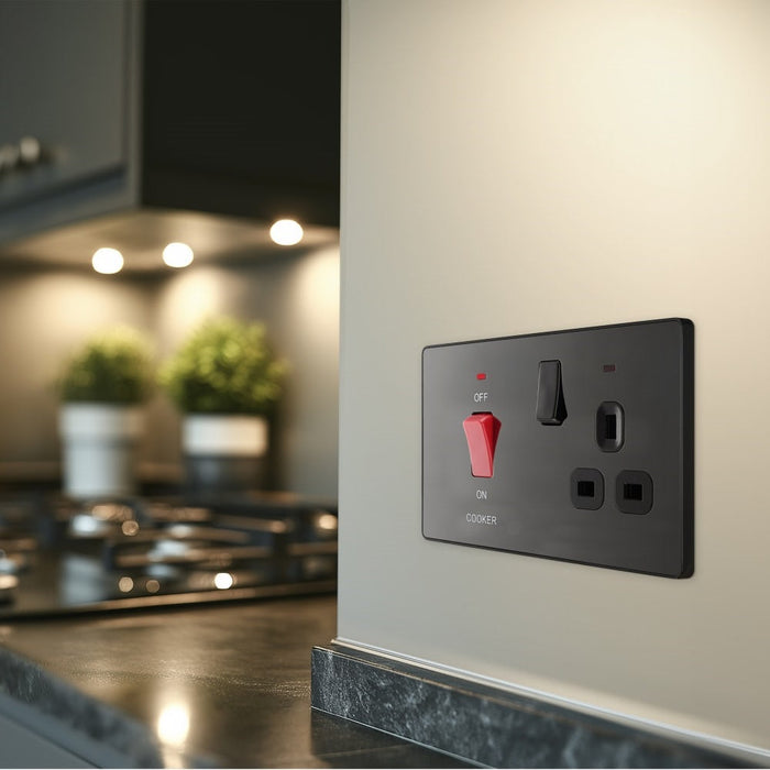 BG Evolve Polycarbonate Black Chrome Cooker Switch with 13A Socket PCDBC70B Available From RS Electrical kitchen interior 1