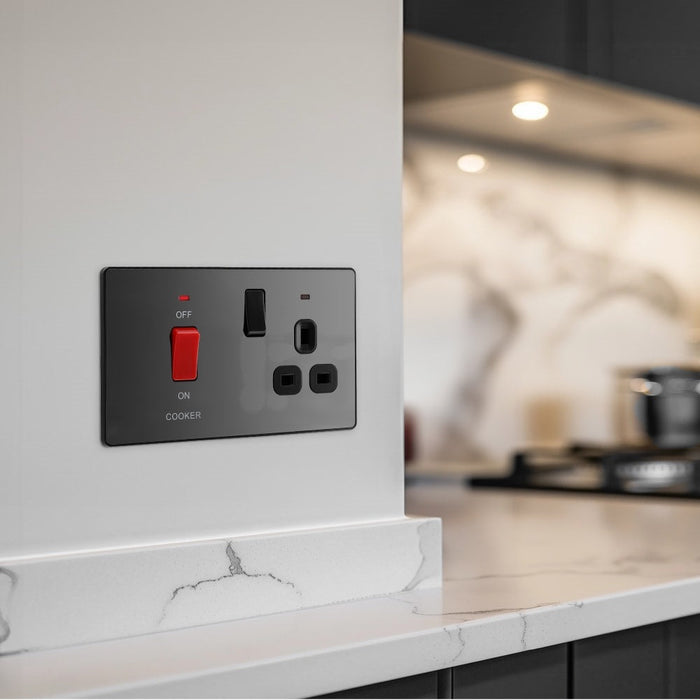 BG Evolve Polycarbonate Black Chrome Cooker Switch with 13A Socket PCDBC70B Available From RS Electrical kitchen interior
