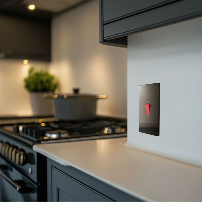 BG Evolve Polycarbonate Black Chrome 45A Cooker Switch with Neon PCDBC72B Available From RS Electrical kitchen interior