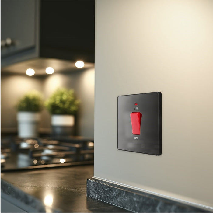 BG Evolve Polycarbonate Black Chrome 45A Cooker Switch with Neon PCDBC74B Available From RS Electrical kitchen interior