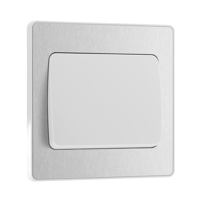 Front view of BG Evolve Brushed Steel 1G 2W Wide Rocker Light Switch