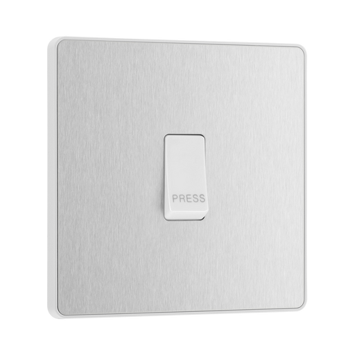 Front view of BG Evolve Brushed Steel 10A Retractive Press Switch