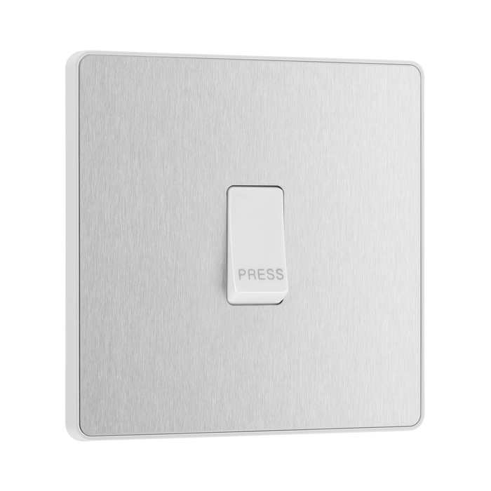 Front view of BG Evolve Brushed Steel 10A Retractive Press Switch