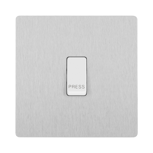 Angled view of BG Evolve Brushed Steel 10A Retractive Press Switch