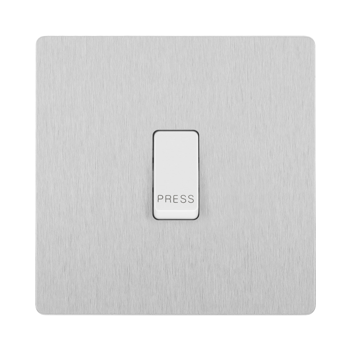 Angled view of BG Evolve Brushed Steel 10A Retractive Press Switch