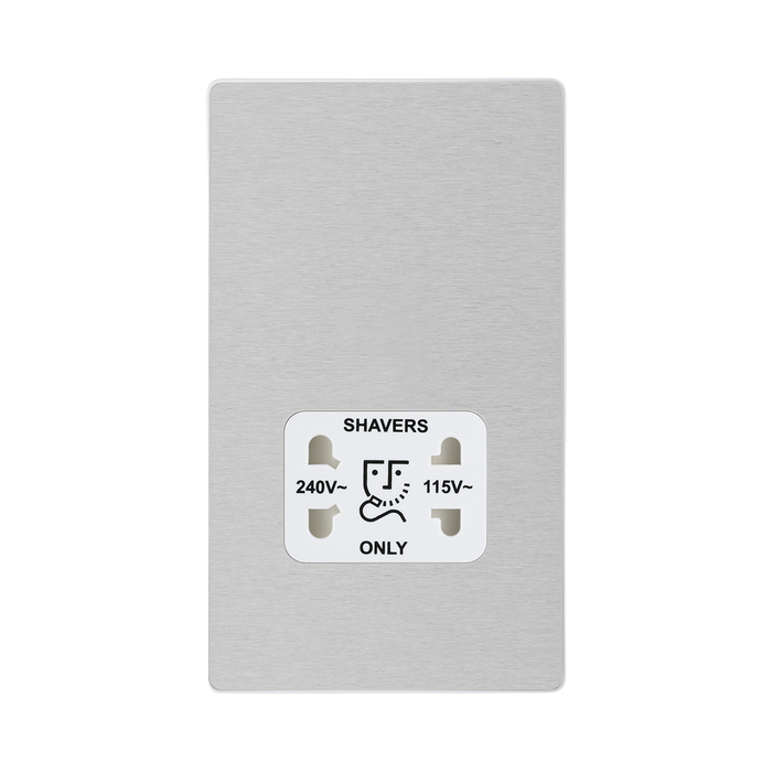 Angled view of BG Evolve Brushed Steel Dual Voltage Shaver Socket