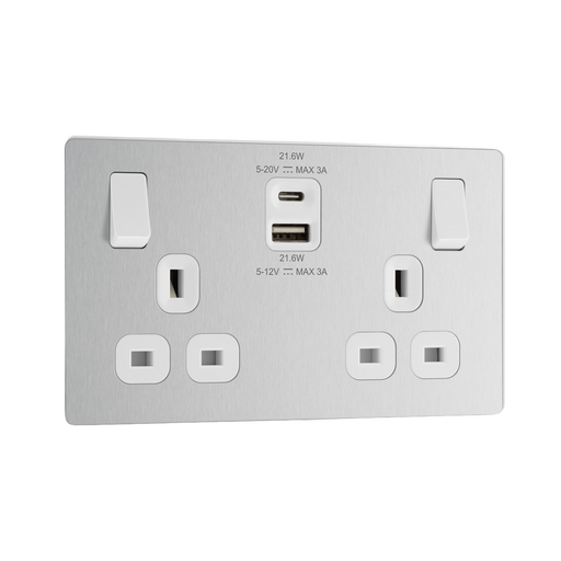 Front view of BG Evolve Brushed Steel 13A Double USB Socket with 22W A+C Ports