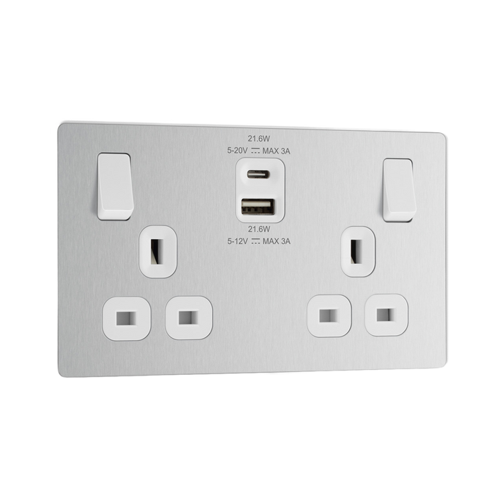 Front view of BG Evolve Brushed Steel 13A Double USB Socket with 22W A+C Ports
