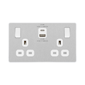 Angled view of BG Evolve Brushed Steel 13A Double USB Socket with 22W A+C Ports
