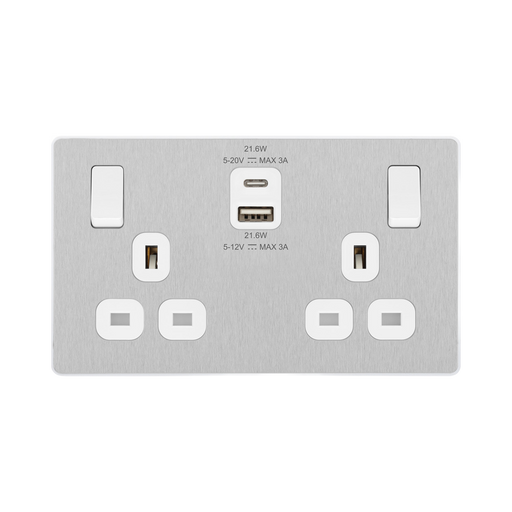 Angled view of BG Evolve Brushed Steel 13A Double USB Socket with 22W A+C Ports