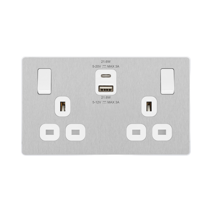 Angled view of BG Evolve Brushed Steel 13A Double USB Socket with 22W A+C Ports