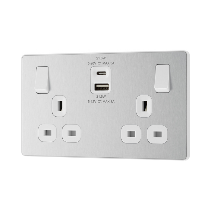 Side view of BG Evolve Brushed Steel 13A Double USB Socket with 22W A+C Ports