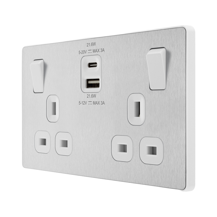 Rear view of BG Evolve Brushed Steel 13A Double USB Socket with 22W A+C Ports