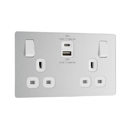 Front view of BG Evolve Brushed Steel 13A Double USB Socket with 45W A+C Ports