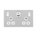 Angled view of BG Evolve Brushed Steel 13A Double USB Socket with 45W A+C Ports