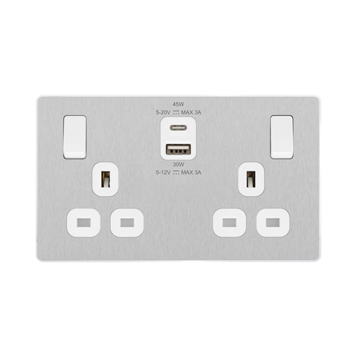 Angled view of BG Evolve Brushed Steel 13A Double USB Socket with 45W A+C Ports