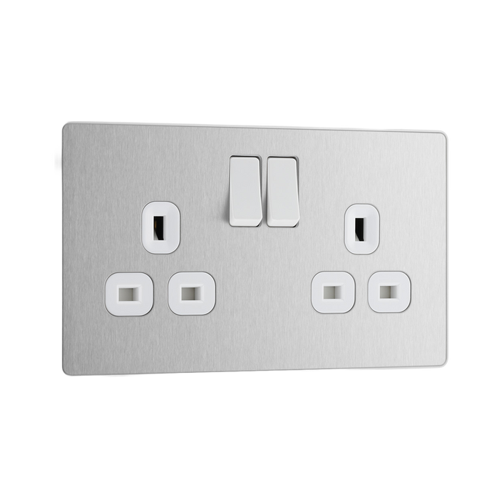 Front view of BG Evolve Brushed Steel Double Socket
