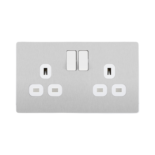 Angled view of BG Evolve Brushed Steel Double Socket
