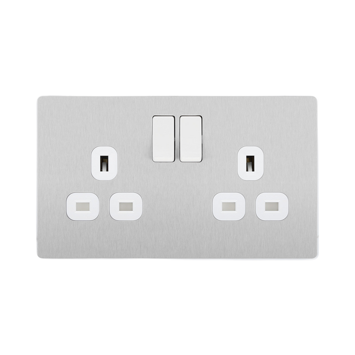 Angled view of BG Evolve Brushed Steel Double Socket